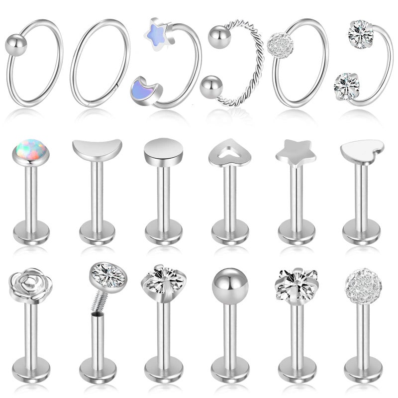 ONESING 18 Pcs 16G Tragus Earrings for Women Piercing Jewelry Cartilage Earring Studs Barbell Lip Stainless Steel - Image 1